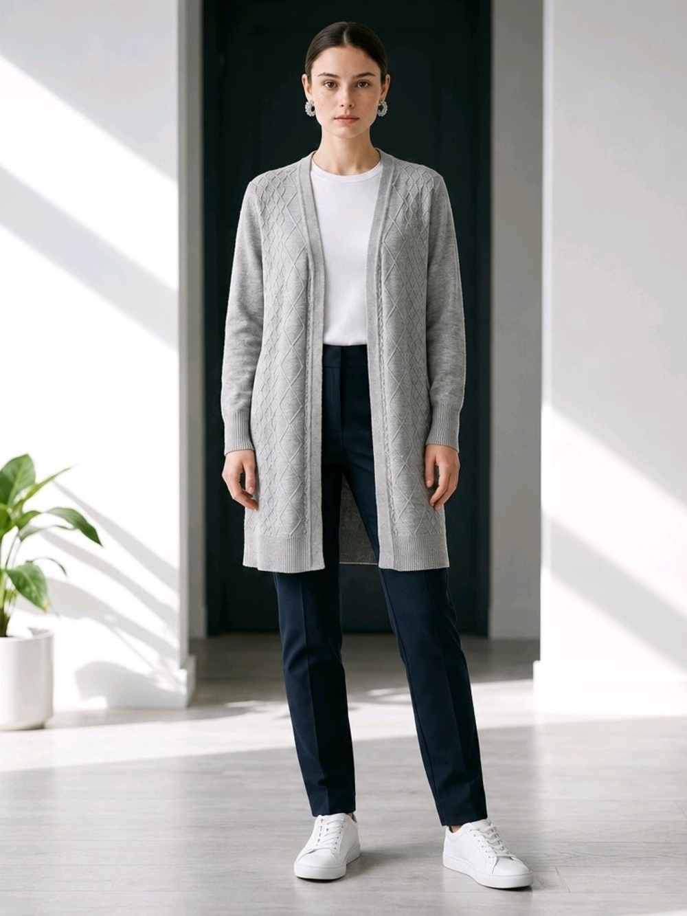 Light Gray Open-Front Diamond-Knit Long Cardigan